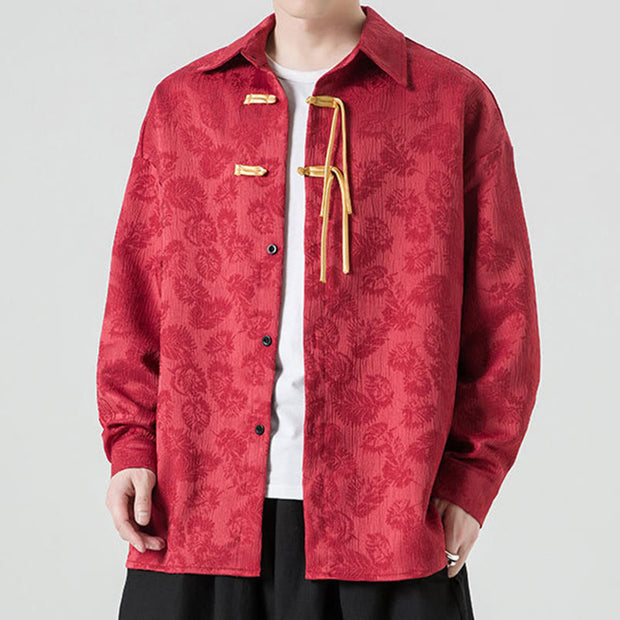 Buddha Stones Frog-Button Leaves Pattern Long Sleeve Men's Tang Suit Jacket - image 2