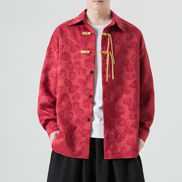 Buddha Stones Frog-Button Leaves Pattern Long Sleeve Men's Tang Suit Jacket - image 1