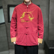 Buddha Stones Embroidery Cranes Pattern Frog-Button Men's Cotton Long Sleeve Jacket With Pockets - image 1