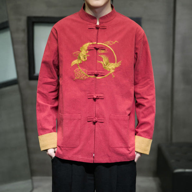 Buddha Stones Embroidery Cranes Pattern Frog-Button Men's Cotton Long Sleeve Jacket With Pockets - image 1