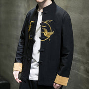 Buddha Stones Embroidery Cranes Pattern Frog-Button Men's Cotton Long Sleeve Jacket With Pockets - image 25