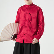 Buddha Stones Plain Frog-Button Design Tang Suit Men's Long Sleeve Jacket - Crimson - US/UK/AU46，EU56 (5XL) - image 0