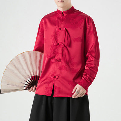 Buddha Stones Plain Frog-Button Design Tang Suit Men's Long Sleeve Jacket - Crimson - US/UK/AU46，EU56 (5XL) - image 0