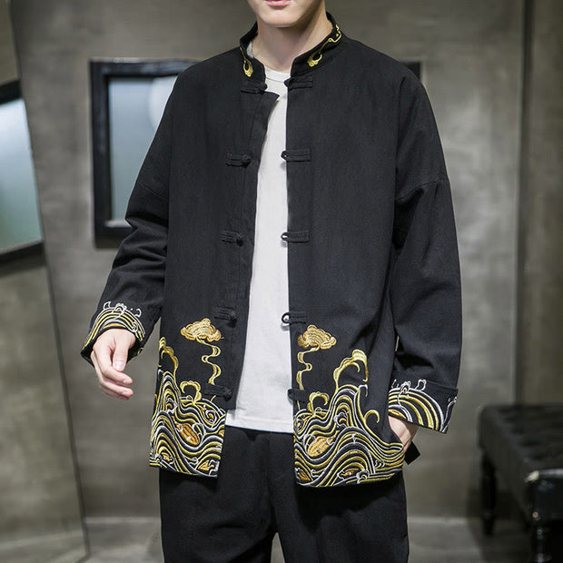 Buddha Stones Embroiderd Clouds Frog-Button Long Sleeve Men's Cotton Tang Suit Jacket - Black - US/UK/AU46，EU56 (5XL) - image 9
