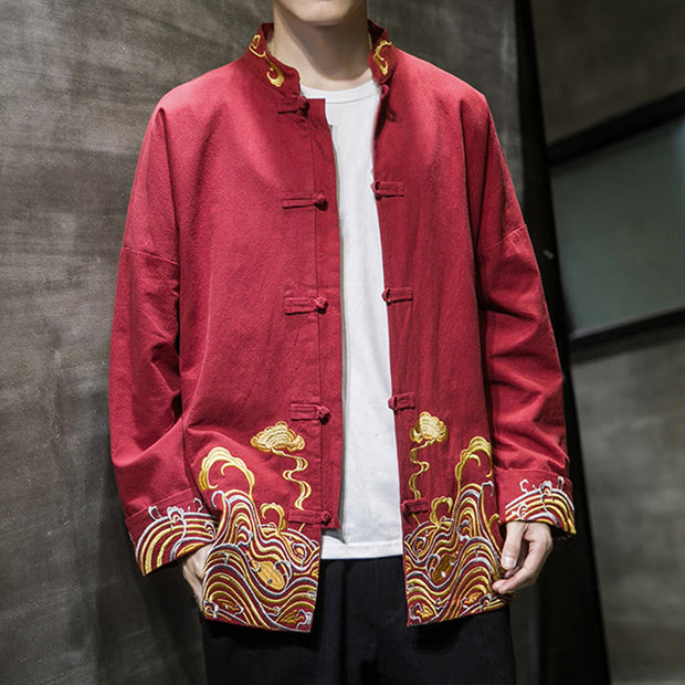 Buddha Stones Embroiderd Clouds Frog-Button Long Sleeve Men's Cotton Tang Suit Jacket - image 8