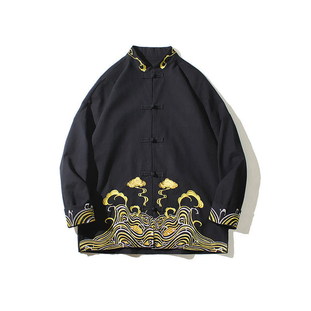 Buddha Stones Embroiderd Clouds Frog-Button Long Sleeve Men's Cotton Tang Suit Jacket - image 19