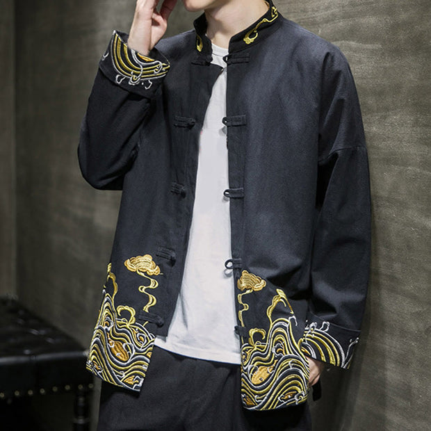 Buddha Stones Embroiderd Clouds Frog-Button Long Sleeve Men's Cotton Tang Suit Jacket - image 14