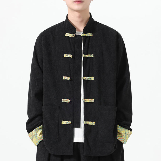 Buddha Stones Floral Design Long Sleeve Men's Cotton Corduroy Tang Suit Jacket With Pockets - image 9