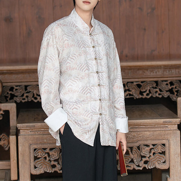 Buddha Stones Printing Floral Pattern Men's Button Design Long Sleeve Shirt With Pockets - Seashell - US/UK/AU46，EU56 (5XL) - image 7
