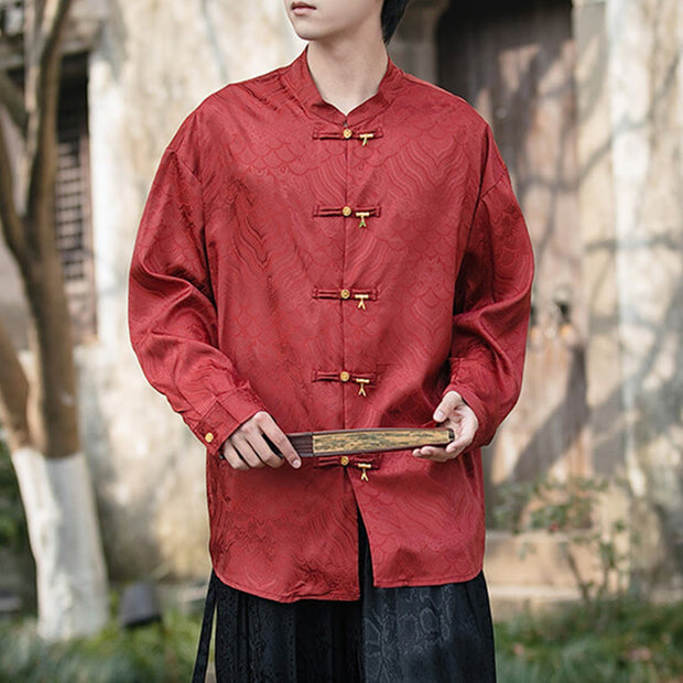Buddha Stones Chinese Frog-Button Bamboo Shape Design Stand Collar Men's Long Sleeve Shirt - OrangeRed - US/UK/AU46，EU56 (5XL) - image 18