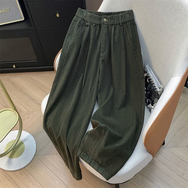 Buddha Stones Plain Elastic Waistband Design Women's Wide Leg Corduroy Cotton Pants With Pockets - OliveDrab - US8-10，UK/AU12-14，EU40-42 (2XL) - image 0