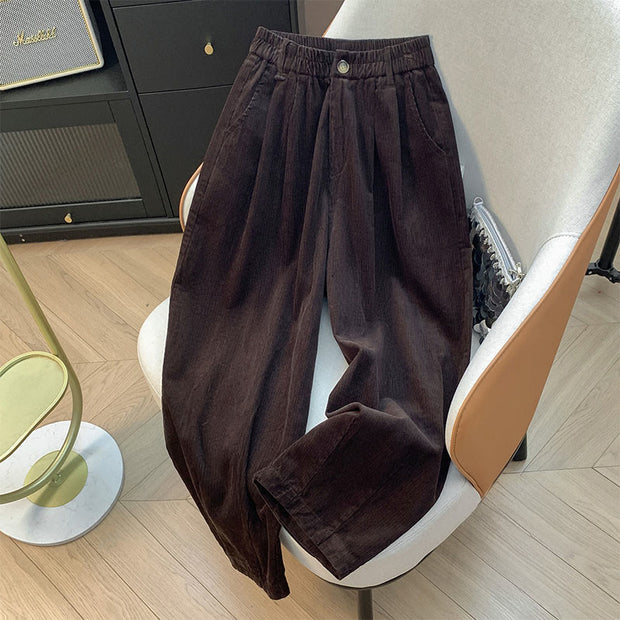 Buddha Stones Plain Elastic Waistband Design Women's Wide Leg Corduroy Cotton Pants With Pockets - SaddleBrown - US8-10，UK/AU12-14，EU40-42 (2XL) - image 13