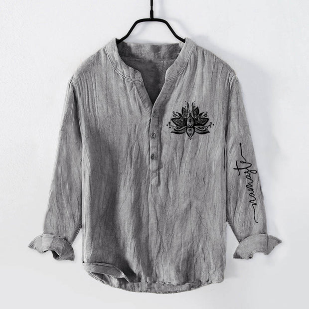 Buddha Stones Lotus Pattern Half Buttons Men's Cotton Linen Long Sleeve Shirt - Gray - US/UK/AU50，EU60 (5XL) - image 3