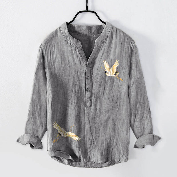 Buddha Stones Crane Red Sun Pine Tree Pattern Half Buttons Men's Cotton Linen Long Sleeve Shirt - image 1
