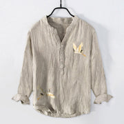Buddha Stones Crane Red Sun Pine Tree Pattern Half Buttons Men's Cotton Linen Long Sleeve Shirt - image 4