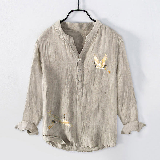 Buddha Stones Crane Red Sun Pine Tree Pattern Half Buttons Men's Cotton Linen Long Sleeve Shirt - image 4
