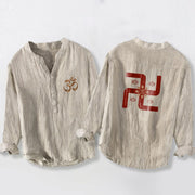 Buddha Stones Half Buttons Lotus Swastika Om Symbol Pattern Men's Cotton Linen Long Sleeve Shirt - Linen - US/UK/AU50，EU60 (5XL) - image 0