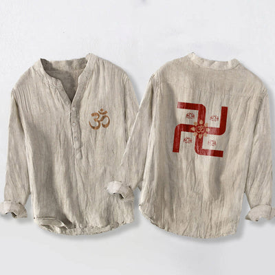Buddha Stones Half Buttons Lotus Swastika Om Symbol Pattern Men's Cotton Linen Long Sleeve Shirt - Linen - US/UK/AU50，EU60 (5XL) - image 0