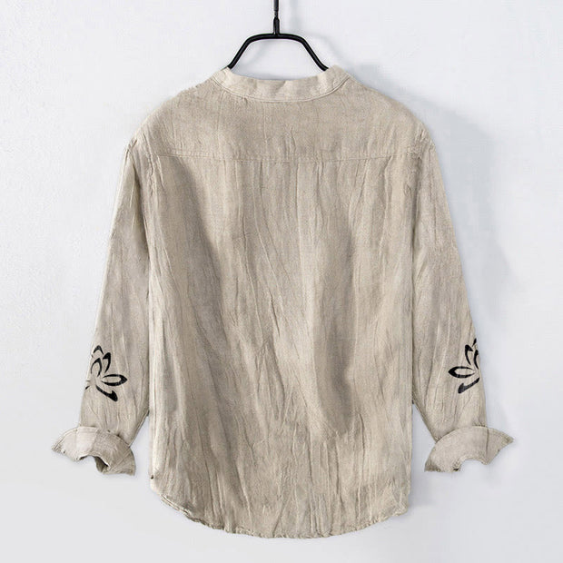 Buddha Stones Half Buttons Lotus Om Symbol Printed Pattern Men's Cotton Linen Long Sleeve Shirt - image 4