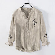 Buddha Stones Half Buttons Lotus Om Symbol Printed Pattern Men's Cotton Linen Long Sleeve Shirt - Linen - US/UK/AU50，EU60 (5XL) - image 3