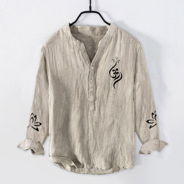 Buddha Stones Half Buttons Lotus Om Symbol Printed Pattern Men's Cotton Linen Long Sleeve Shirt - Linen - US/UK/AU50，EU60 (5XL) - image 3
