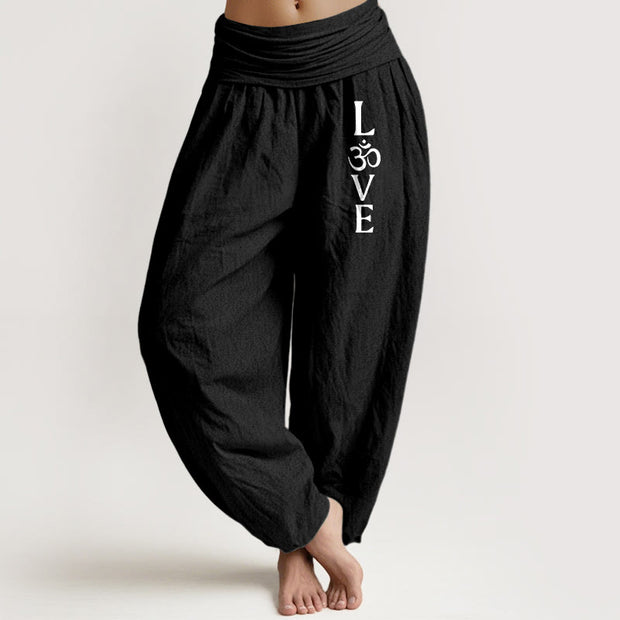 Buddha Stones Plain Om Symbol Pattern Women's Elastic Waist Harem Pure Cotton Pants - Black - US22，UK/AU26，EU54 (6XL) - image 5