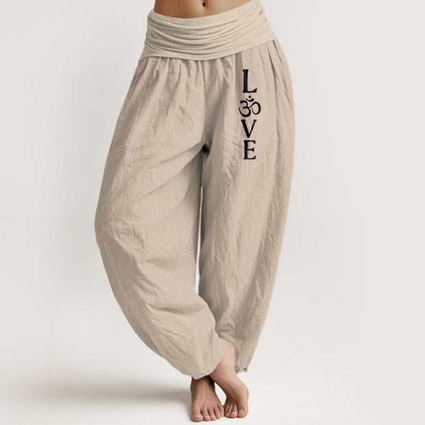 Buddha Stones Plain Om Symbol Pattern Women's Elastic Waist Harem Pure Cotton Pants - Tan - US22，UK/AU26，EU54 (6XL) - image 11