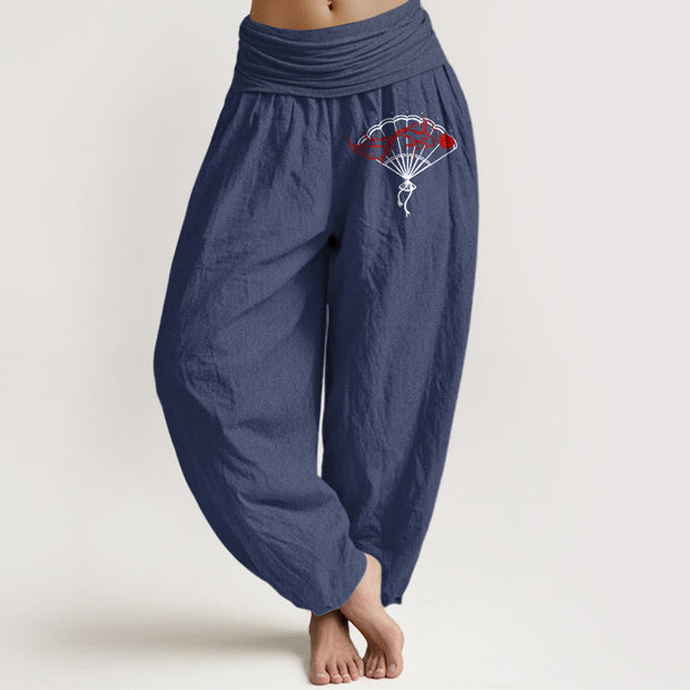 Buddha Stones Fan Red Fish Pattern Women's Elastic Waist Harem Pure Cotton Pants - DarkSlateBlue - US22，UK/AU26，EU54 (6XL) - image 8