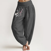 Buddha Stones Crane Blooming Branches Pattern Women's Elastic Waist Harem Pure Cotton Pants - DimGray - US22，UK/AU26，EU54 (6XL) - image 8