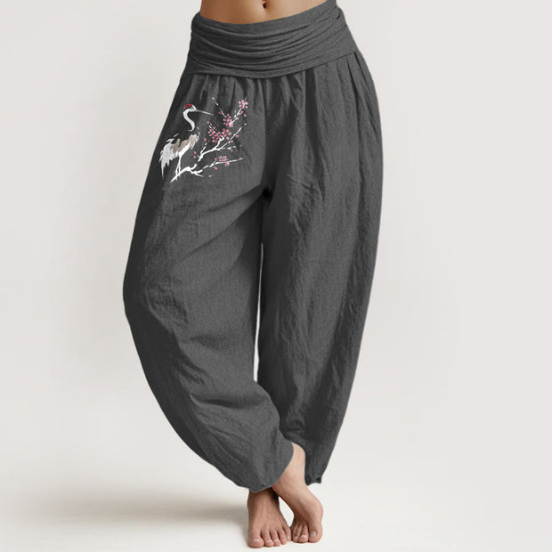 Buddha Stones Crane Blooming Branches Pattern Women's Elastic Waist Harem Pure Cotton Pants - DimGray - US22，UK/AU26，EU54 (6XL) - image 8