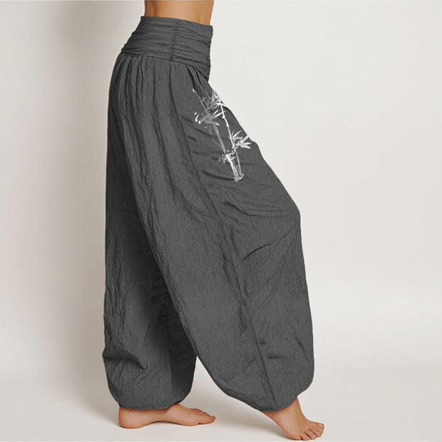 Buddha Stones Bamboo Leaves Red Sun Pattern Women's Elastic Waist Harem Pure Cotton Pants - image 13