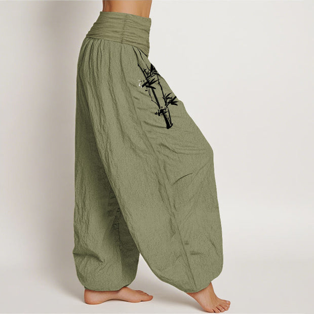 Buddha Stones Bamboo Leaves Red Sun Pattern Women's Elastic Waist Harem Pure Cotton Pants - image 2