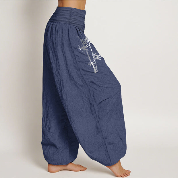 Buddha Stones Bamboo Leaves Red Sun Pattern Women's Elastic Waist Harem Pure Cotton Pants - image 10