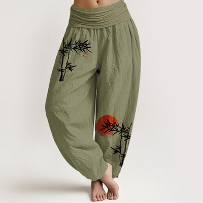 Buddha Stones Bamboo Leaves Red Sun Pattern Women's Elastic Waist Harem Pure Cotton Pants - OliveDrab - US22，UK/AU26，EU54 (6XL) - image 0