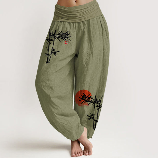 Buddha Stones Bamboo Leaves Red Sun Pattern Women's Elastic Waist Harem Pure Cotton Pants - OliveDrab - US22，UK/AU26，EU54 (6XL) - image 0