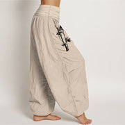 Buddha Stones Bamboo Leaves Red Sun Pattern Women's Elastic Waist Harem Pure Cotton Pants - image 16