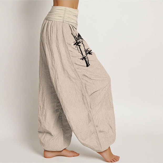 Buddha Stones Bamboo Leaves Red Sun Pattern Women's Elastic Waist Harem Pure Cotton Pants - image 16