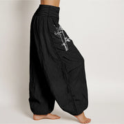 Buddha Stones Bamboo Leaves Red Sun Pattern Women's Elastic Waist Harem Pure Cotton Pants - image 7