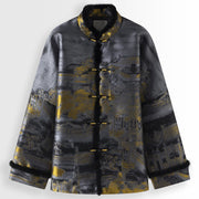 Buddha Stones Ancient Buildings Trees Frog-Button Long Sleeve Men's Jacket With Pockets - Gray - US/UK/AU44，EU54 (4XL) - image 0