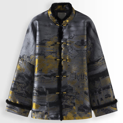 Buddha Stones Ancient Buildings Trees Frog-Button Long Sleeve Men's Jacket With Pockets - Gray - US/UK/AU44，EU54 (4XL) - image 0