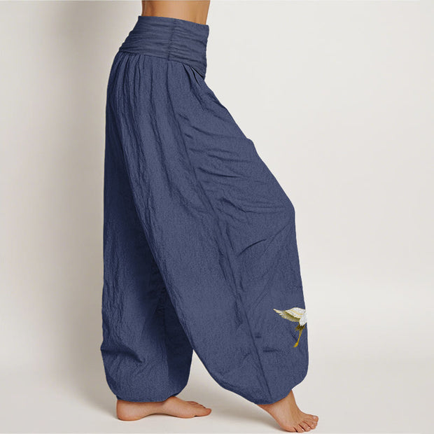 Buddha Stones Plain Crane Peach Blossom Pattern Women's Elastic Waist Harem Pure Cotton Pants - image 7