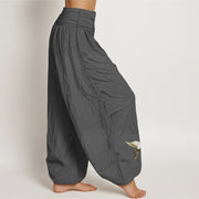 Buddha Stones Plain Crane Peach Blossom Pattern Women's Elastic Waist Harem Pure Cotton Pants - image 10