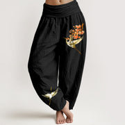 Buddha Stones Plain Crane Peach Blossom Pattern Women's Elastic Waist Harem Pure Cotton Pants - Black - US22，UK/AU26，EU54 (6XL) - image 0