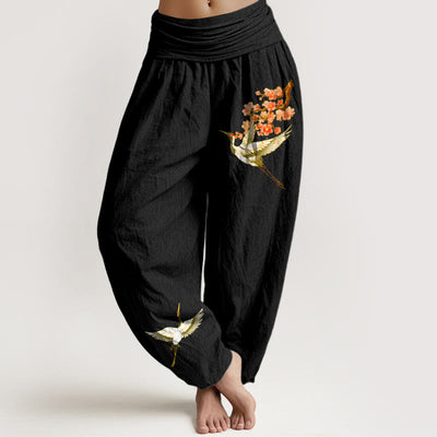 Buddha Stones Plain Crane Peach Blossom Pattern Women's Elastic Waist Harem Pure Cotton Pants - Black - US22，UK/AU26，EU54 (6XL) - image 0