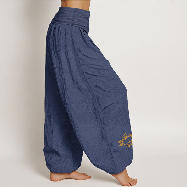 Buddha Stones Plain Crane Auspicious Clouds Pattern Women's Elastic Waist Harem Cotton Pants - image 10