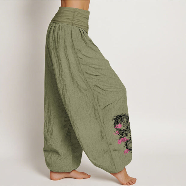 Buddha Stones Dragon Auspicious Clouds Flower Pattern Women's Elastic Waist Harem Cotton Pants - image 16
