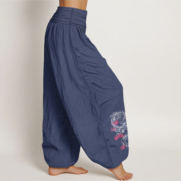 Buddha Stones Dragon Auspicious Clouds Flower Pattern Women's Elastic Waist Harem Cotton Pants - image 7