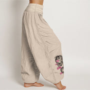 Buddha Stones Dragon Auspicious Clouds Flower Pattern Women's Elastic Waist Harem Cotton Pants - image 13