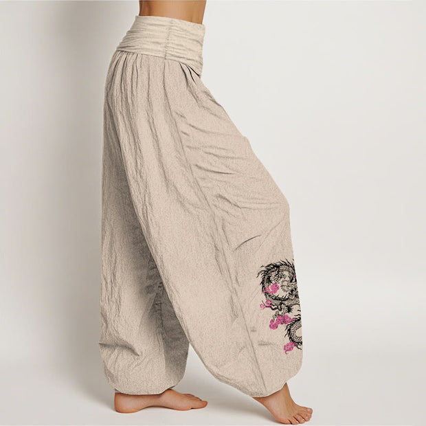 Buddha Stones Dragon Auspicious Clouds Flower Pattern Women's Elastic Waist Harem Cotton Pants - image 13