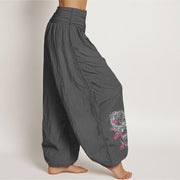 Buddha Stones Dragon Auspicious Clouds Flower Pattern Women's Elastic Waist Harem Cotton Pants - image 10